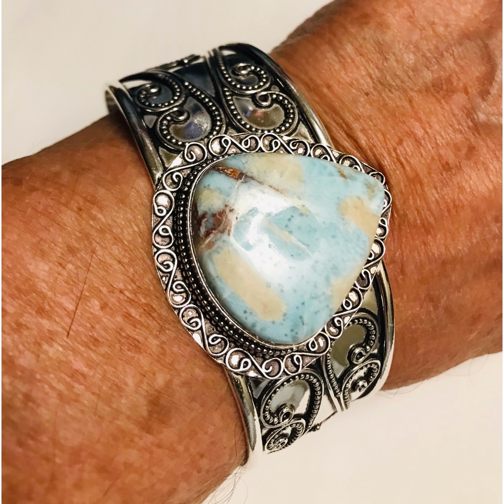Larimar Stamped 925 Sterling Silver Cuff Bracelet